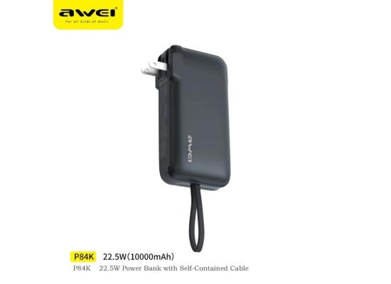 Awei P84K Power Bank with Built-in USB-C Cable & Plug, 10,000mAh 5V/4.5A Power Bank Fast Charging 22.5W, Travel Essential Battery Pack for iPhone 16/15 Series, Samsung Galaxy, iPad